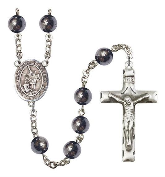 San Martin Caballero Spanish Rosary, 8mm Hematite Beads, Silver Plate, # 11245