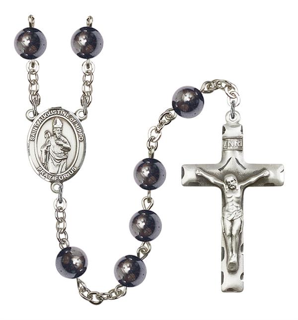 St. Augustine of Hippo Rosary, 8mm Hematite Beads, Silver Plate, # 11247