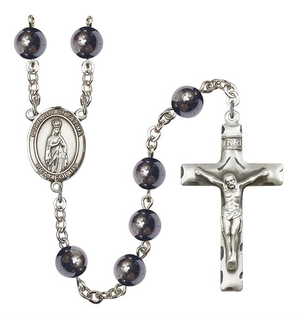 Our Lady of Fatima Rosary, 8mm Hematite Beads, Silver Plate, # 11250