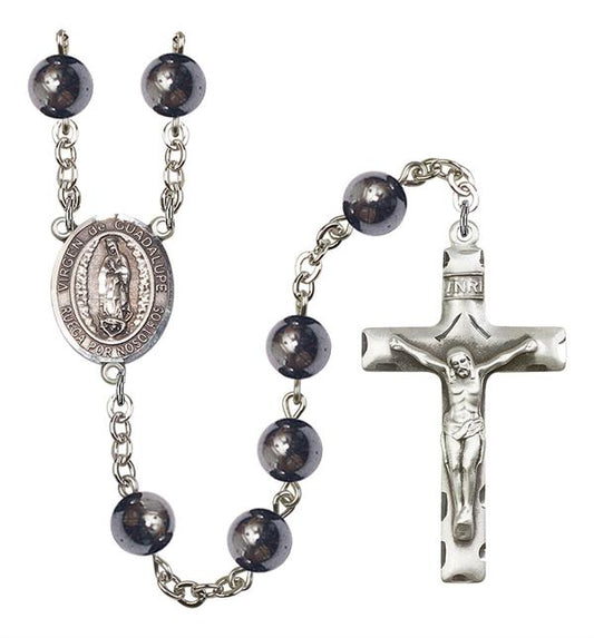Virgen de Guadalupe Spanish Rosary, 8mm Hematite Beads, Silver Plate, # 11255