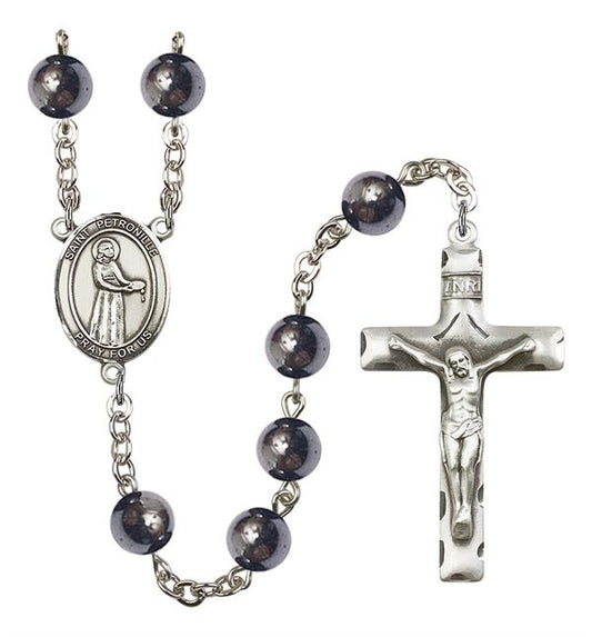 St. Petronille Rosary, 8mm Hematite Beads, Silver Plate, # 11258