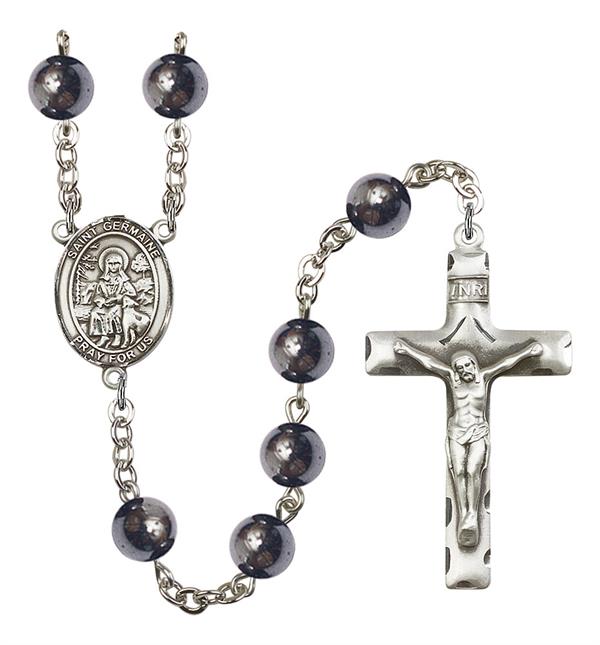 St. Germaine Cousin Rosary, 8mm Hematite Beads, Silver Plate, # 11260