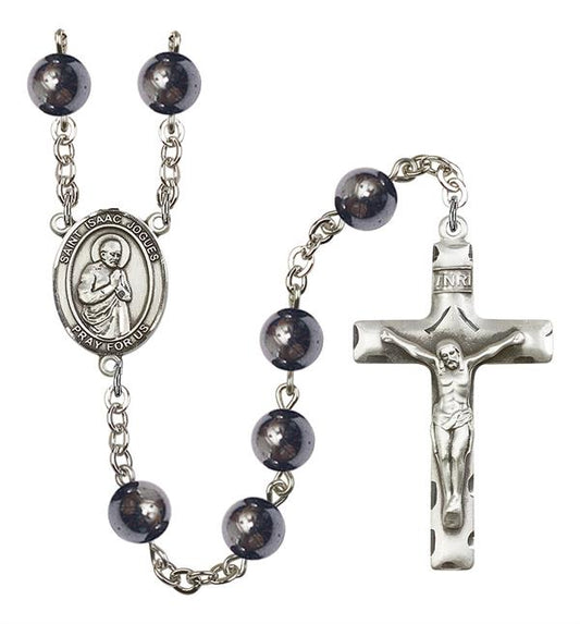 St. Isaac Jogues Rosary, 8mm Hematite Beads, Silver Plate, # 11261