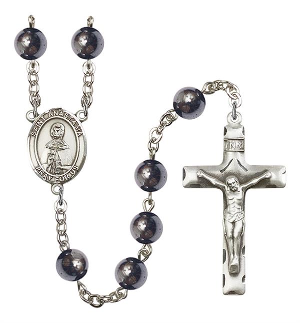 St. Anastasia Rosary, 8mm Hematite Beads, Silver Plate, # 11262