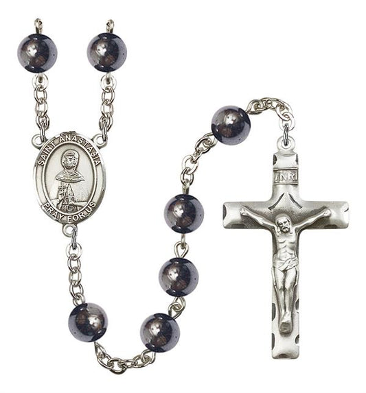 St. Anastasia Rosary, 8mm Hematite Beads, Silver Plate, # 11262