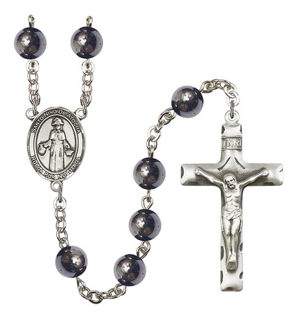 St. Nino de Atocha Spanish Rosary, 8mm Hematite Beads, Silver Plate, # 11264