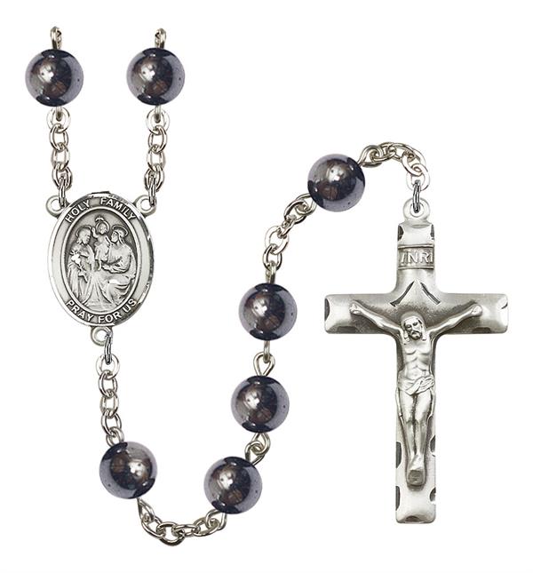 Holy Family Rosary, 8mm Hematite Beads, Silver Plate, # 11268