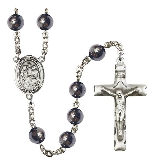 Holy Family Rosary, 8mm Hematite Beads, Silver Plate, # 11268