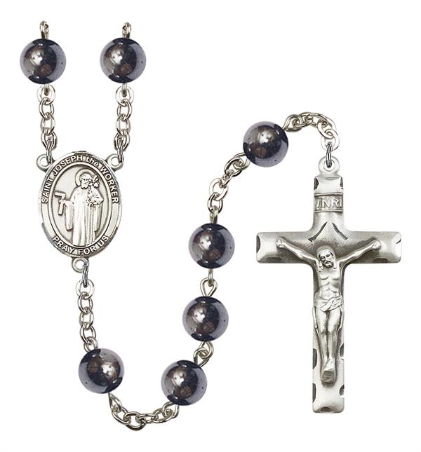 St. Joseph the Worker Rosary, 8mm Hematite Beads, Silver Plate, # 11271