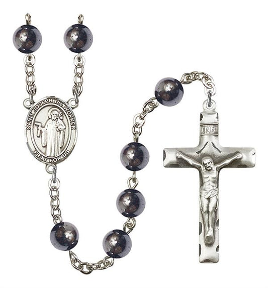 St. Joseph the Worker Rosary, 8mm Hematite Beads, Silver Plate, # 11271