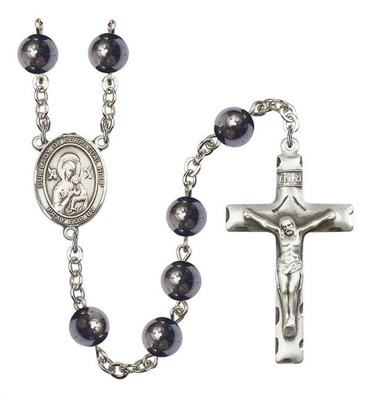 Our Lady of Perpetual Help Rosary, 8mm Hematite Beads, Silver Plate, # 11278
