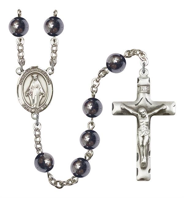Our Lady of Lebanon Rosary, 8mm Hematite Beads, Silver Plate, # 11287