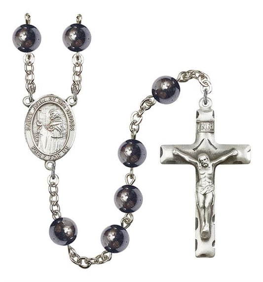 St. John of the Cross Rosary, 8mm Hematite Beads, Silver Plate, # 11295