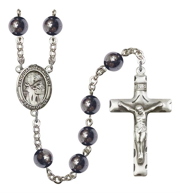 San Juan de la Cruz Spanish Rosary, 8mm Hematite Beads, Silver Plate, # 11299