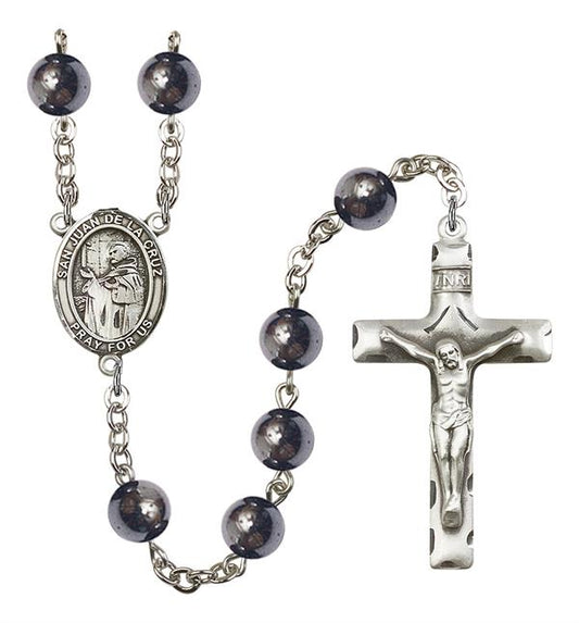 San Juan de la Cruz Spanish Rosary, 8mm Hematite Beads, Silver Plate, # 11299