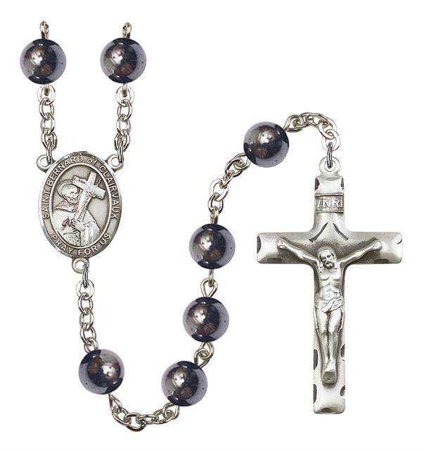 St. Bernard of Clairvaux Rosary, 8mm Hematite Beads, Silver Plate, # 11300