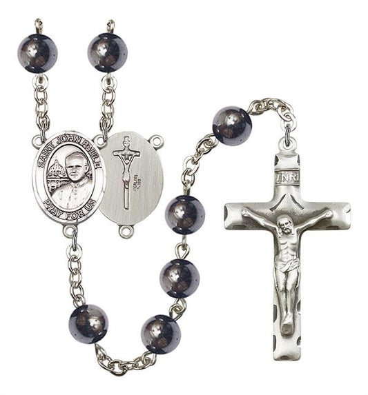 St. John Paul II Rosary, 8mm Hematite Beads, Silver Plate, # 11301