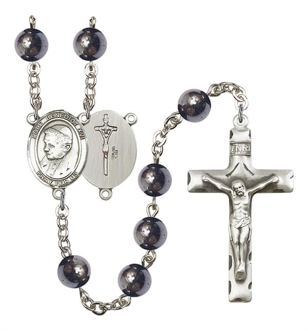 Pope Benedict XVI Rosary, 8mm Hematite Beads, Silver Plate, # 11302