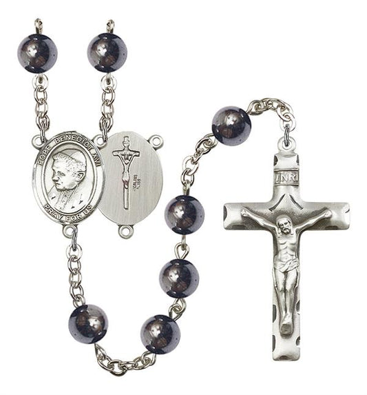 Pope Benedict XVI Rosary, 8mm Hematite Beads, Silver Plate, # 11302