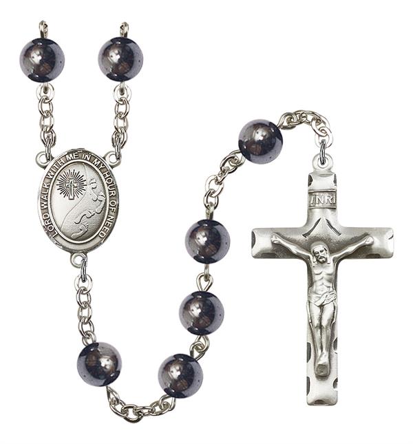 St. Footprints / Cross Rosary, 8mm Hematite Beads, Silver Plate, # 11304