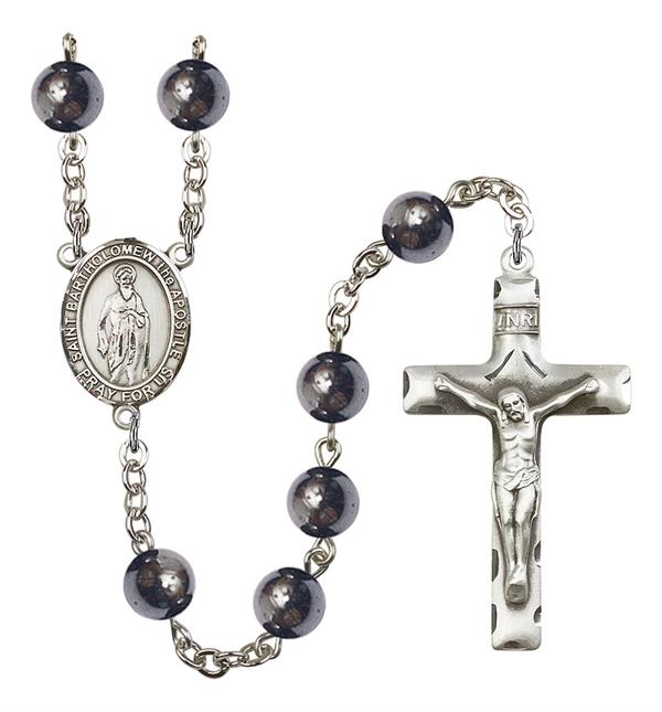 St. Bartholomew the Apostle Rosary, 8mm Hematite Beads, Silver Plate, # 11305