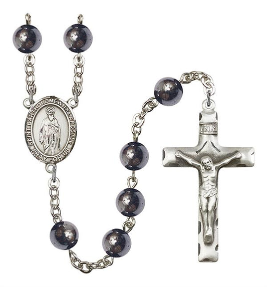 St. Bartholomew the Apostle Rosary, 8mm Hematite Beads, Silver Plate, # 11305