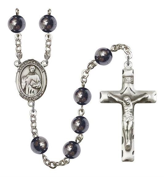 St. Placidus Rosary, 8mm Hematite Beads, Silver Plate, # 11307