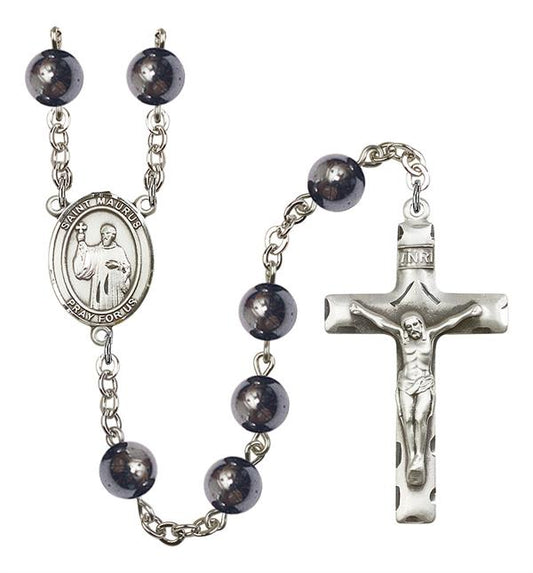 St. Maurus Rosary, 8mm Hematite Beads, Silver Plate, # 11308