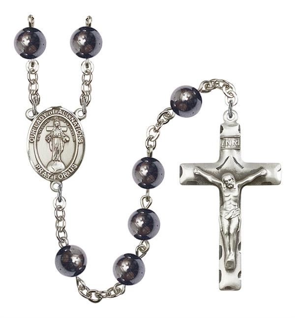 Our Lady of All Nations Rosary, 8mm Hematite Beads, Silver Plate, # 11309