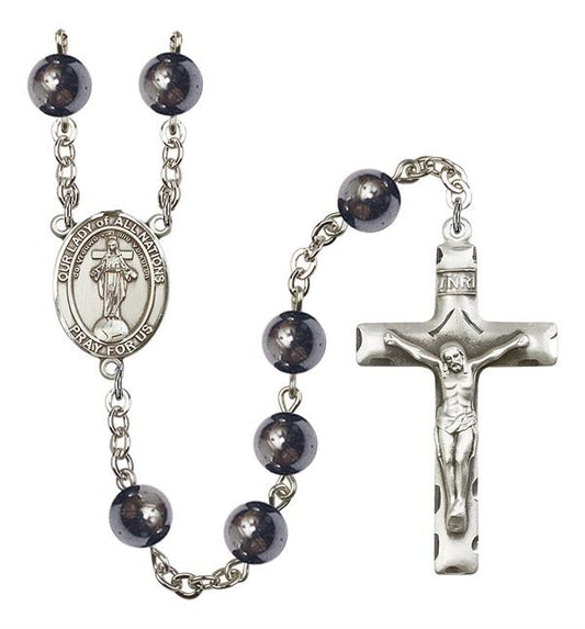 Our Lady of All Nations Rosary, 8mm Hematite Beads, Silver Plate, # 11309
