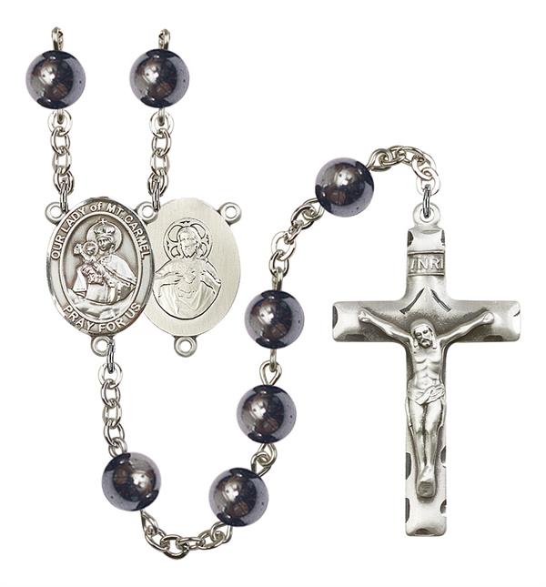 Our Lady of Mount Carmel Rosary, 8mm Hematite Beads, Silver Plate, # 11310