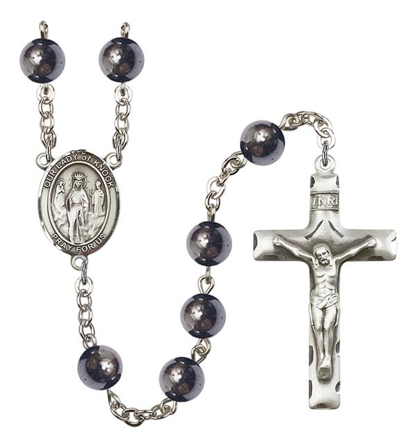 Our Lady of Knock Rosary, 8mm Hematite Beads, Silver Plate, # 11314