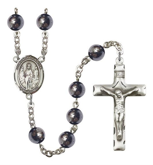 Our Lady of Knock Rosary, 8mm Hematite Beads, Silver Plate, # 11314