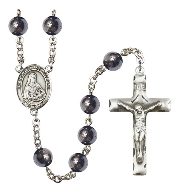 Our Lady of the Railroad Rosary, 8mm Hematite Beads, Silver Plate, # 11315