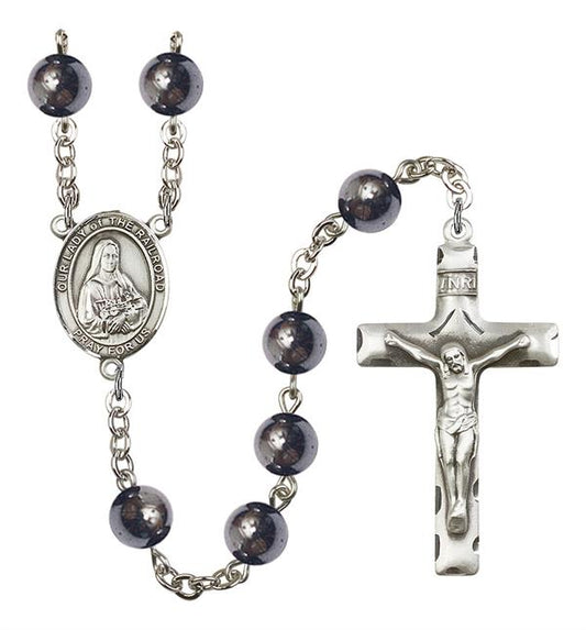 Our Lady of the Railroad Rosary, 8mm Hematite Beads, Silver Plate, # 11315