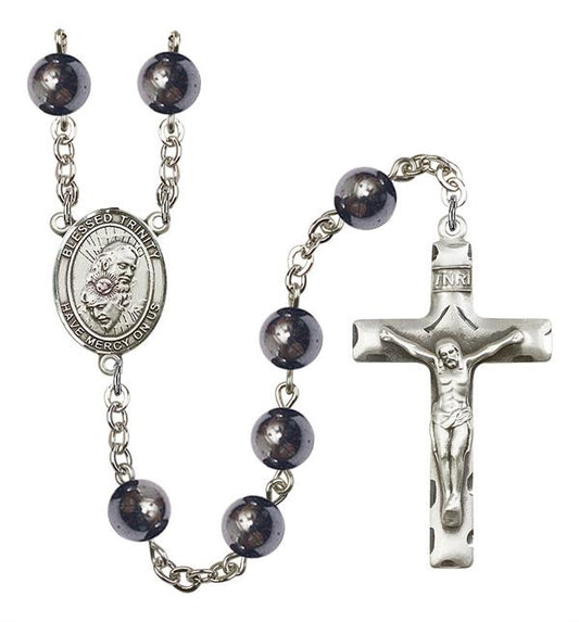 Blessed Trinity Rosary, 8mm Hematite Beads, Silver Plate, # 11318