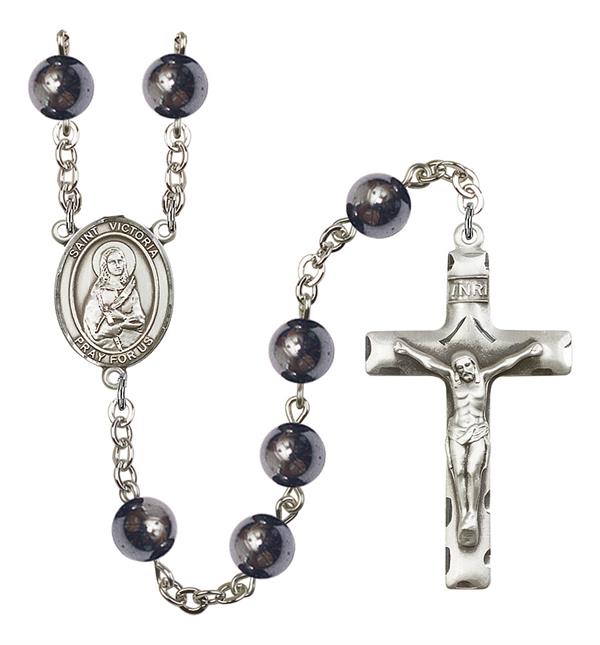 St. Victoria Rosary, 8mm Hematite Beads, Silver Plate, # 11323