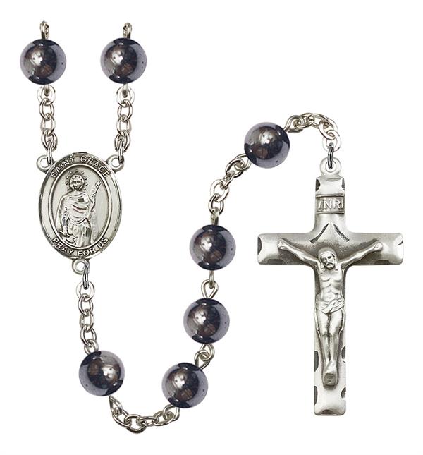 St. Grace Rosary, 8mm Hematite Beads, Silver Plate, # 11325