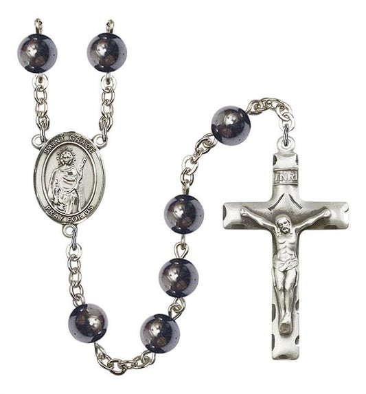 St. Grace Rosary, 8mm Hematite Beads, Silver Plate, # 11325