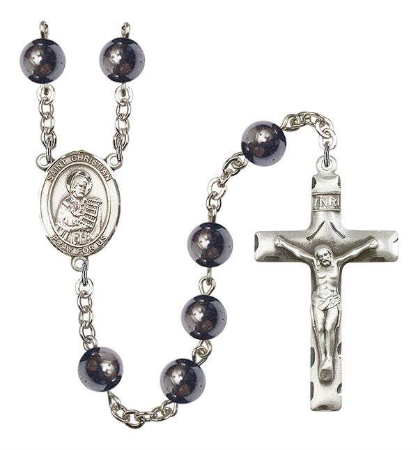 St. Christian Demosthenes Rosary, 8mm Hematite Beads, Silver Plate, # 11327