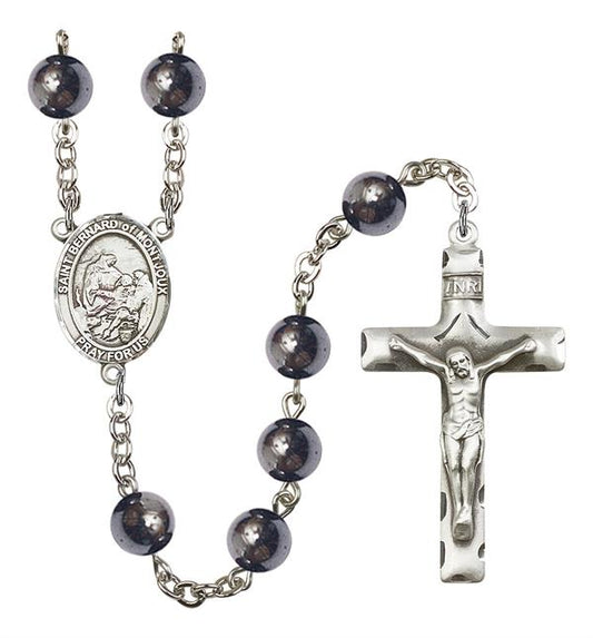 St. Bernard of Montjoux Rosary, 8mm Hematite Beads, Silver Plate, # 11334