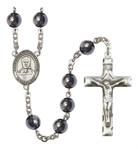 Blessed Pier Giorgio Frassati Rosary, 8mm Hematite Beads, Silver Plate, # 11356