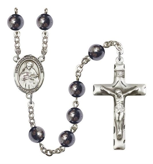 St. Gabriel Possenti Rosary, 8mm Hematite Beads, Silver Plate, # 11357