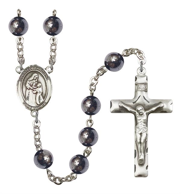Blessed Caroline Gerhardinger Rosary, 8mm Hematite Beads, Silver Plate, # 11359