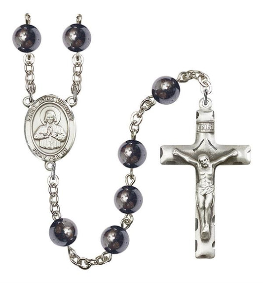 St. John Vianney Rosary, 8mm Hematite Beads, Silver Plate, # 11360