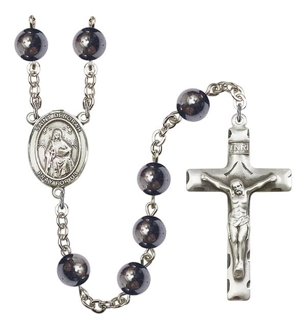 St. Deborah Rosary, 8mm Hematite Beads, Silver Plate, # 11364