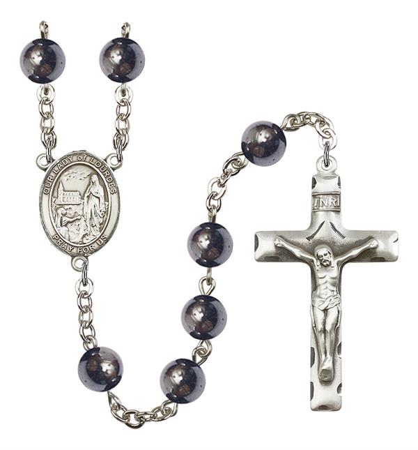 Our Lady of Lourdes Rosary, 8mm Hematite Beads, Silver Plate, # 11369