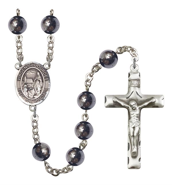 Virgen del Lourdes Spanish Rosary, 8mm Hematite Beads, Silver Plate, # 11371
