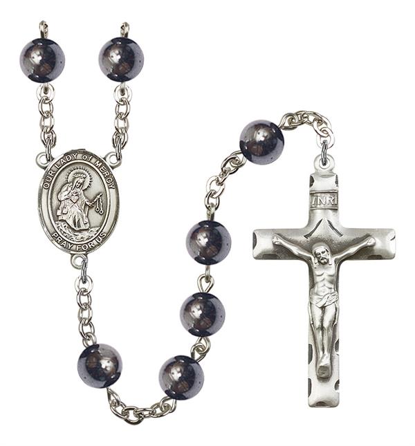 Our Lady of Mercy Rosary, 8mm Hematite Beads, Silver Plate, # 11372