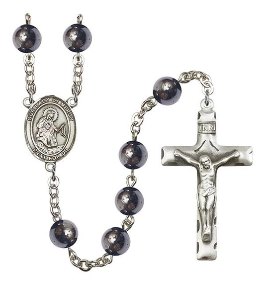Our Lady of Mercy Rosary, 8mm Hematite Beads, Silver Plate, # 11372